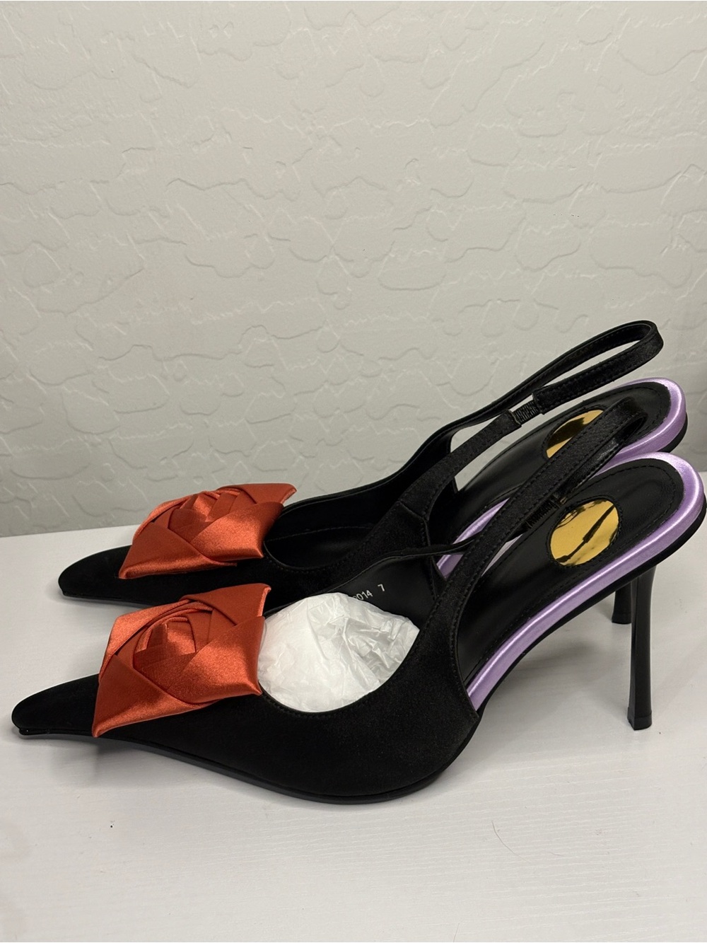 Black Slingback Heels with Rust Satin Rosette Accent - Picture 2 of 6